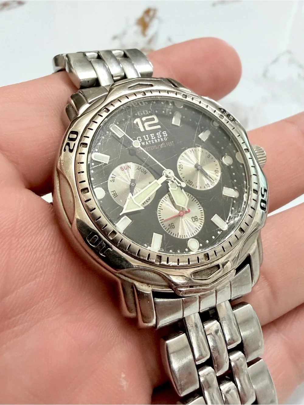 Guess Waterpro Chronograph Watch Men's Silver Tone Day Date Stainless Steel